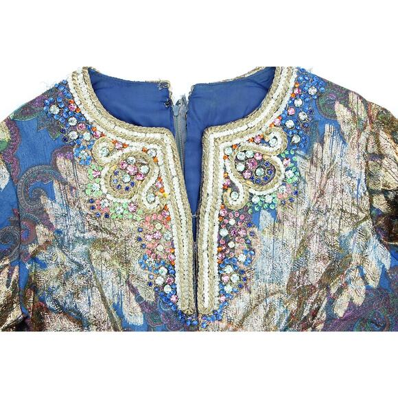 60s Vintage Pat Sandler Gold Metallic Beaded Dress M - Picture 4 of 16